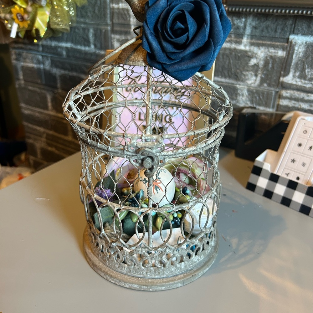 Decorative Wire Birdcage with Blue Rose Accent
